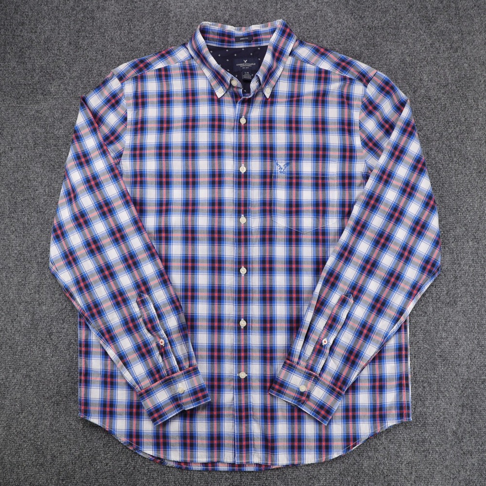 American Eagle Prep Fit Button Down Shirt Mens Large Blue Plaid Long Sleeve L/G